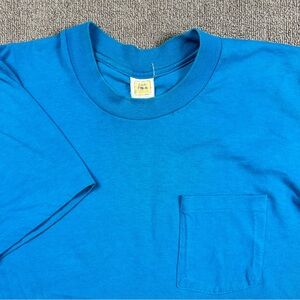 Vintage 80s Pocket Tee Double Sided Graphic Shirt Blue Large Single Stitch 1980s